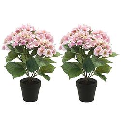 Foto van Hortensia kunstplant in kunststof pot - 2x - roze - 40 cm - kunstplanten
