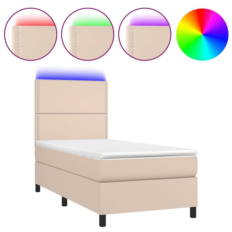 Foto van The living store bed - boxspring cappuccino - 203 x 100 x 118/128 cm - led - pocketvering - huidvriendelijk -