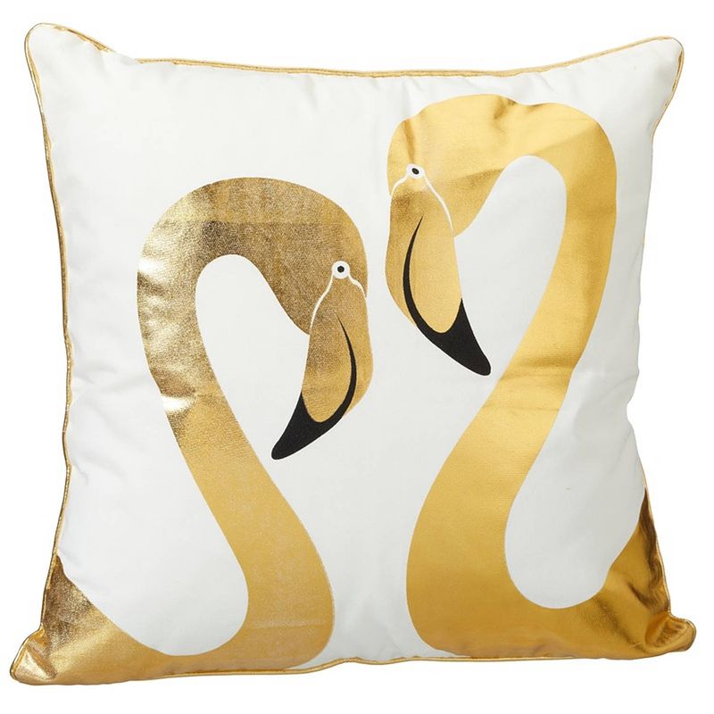 Foto van Sierkussen flamingo wit met 2 gouden flamingo's 45 x 45 cm - sierkussens