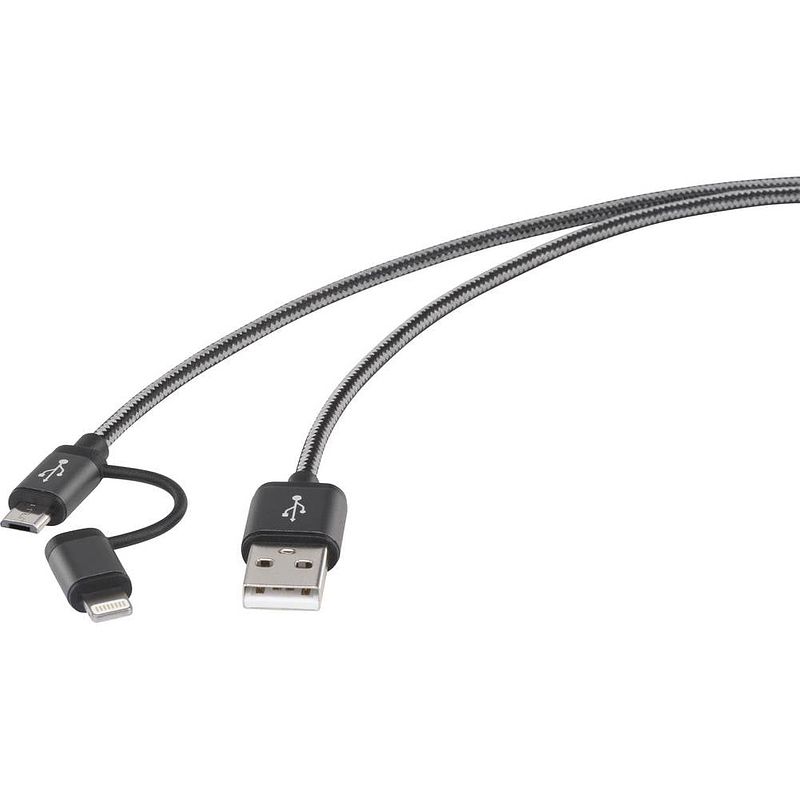 Foto van Renkforce usb-kabel usb 2.0 usb-a stekker, usb-micro-b stekker, apple lightning stekker 1.00 m donkergrijs gesleeved rf-4241889