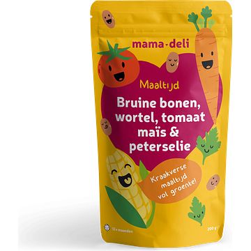 Foto van Mamadeli bruine bonen, wortel, tomaat, mais & peterselie, 12+ maanden 200g bij jumbo