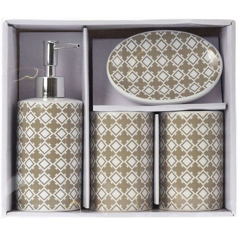 Foto van Taupe/witte retro badkamer set 4-delig - badkameraccessoireset