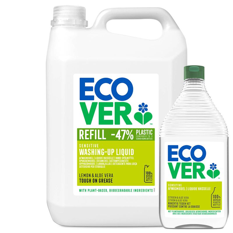 Foto van Ecover - afwasmiddel - citroen & aloë vera - krachtig tegen vet - 5l + 950ml gratis - voordeelverpakking