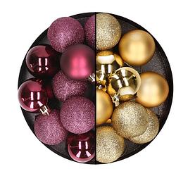 Foto van 24x stuks kunststof kerstballen mix van aubergine en goud 6 cm - kerstbal