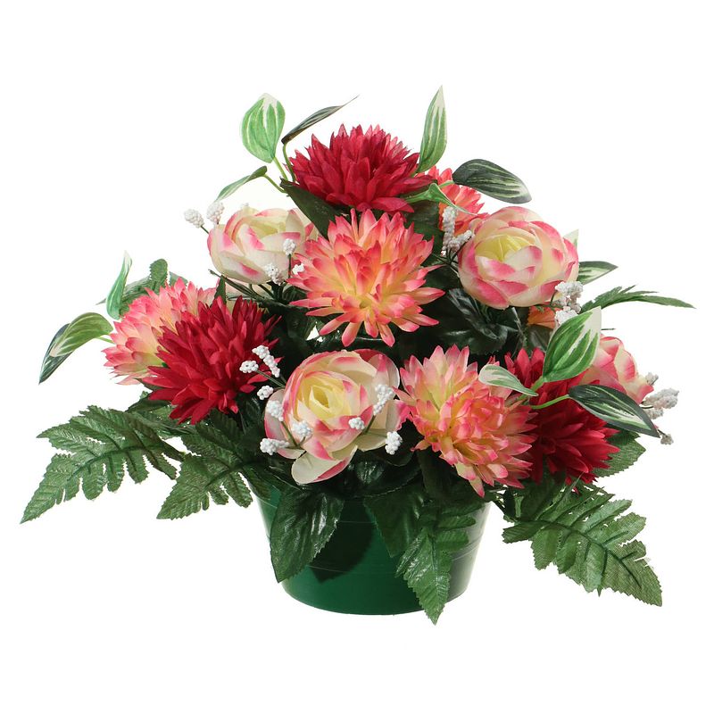 Foto van Louis maes kunstbloemen plantje in pot - multi kleuren - 25 cm - bloemstuk ornament - ranonkels/asters met bladgroen - k