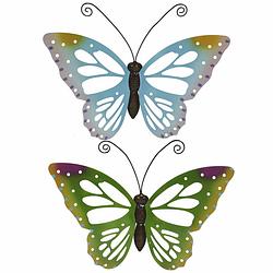 Foto van Set van 2x stuks tuindecoratie muur/wand vlinders van metaal in groen en blauw tinten 51 x 38 cm - tuinbeelden