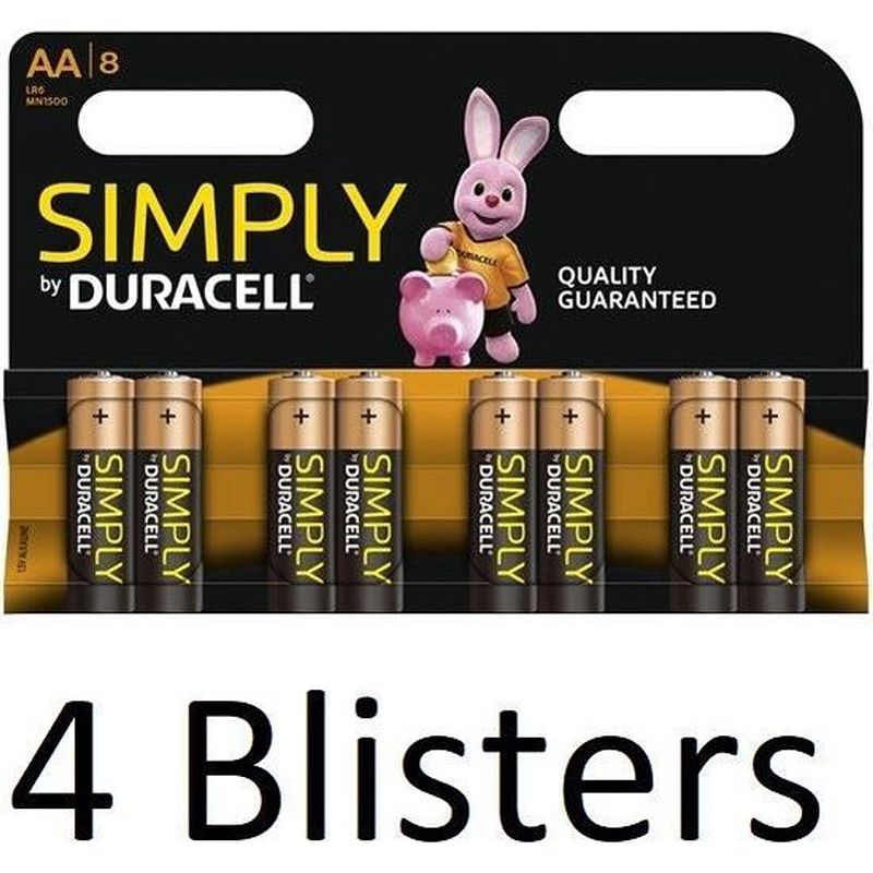 Foto van 32 stuks (4 blisters a 8 st) duracell aa simply batterijen