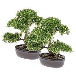 Foto van 2x groene mini bonsai boompje kunstplanten in pot 32 cm - kunstplanten