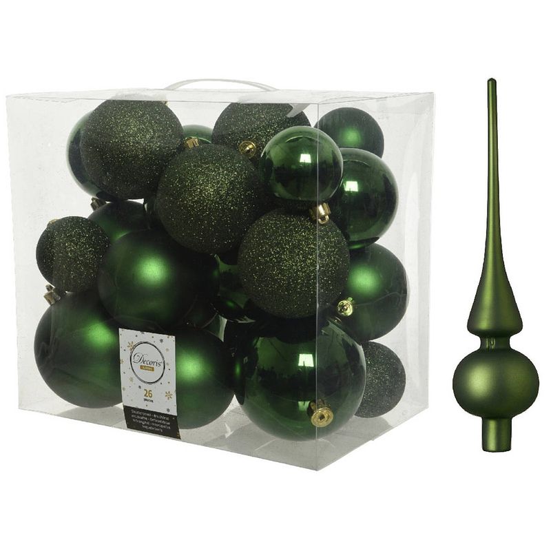 Foto van Kerstversiering kunststof kerstballen met piek donkergroen 6-8-10 cm pakket van 27x stuks - kerstbal