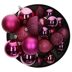 Foto van Kerstballen - 26x st - 3 en 7 cm - framboos roze - kunststof - kerstbal