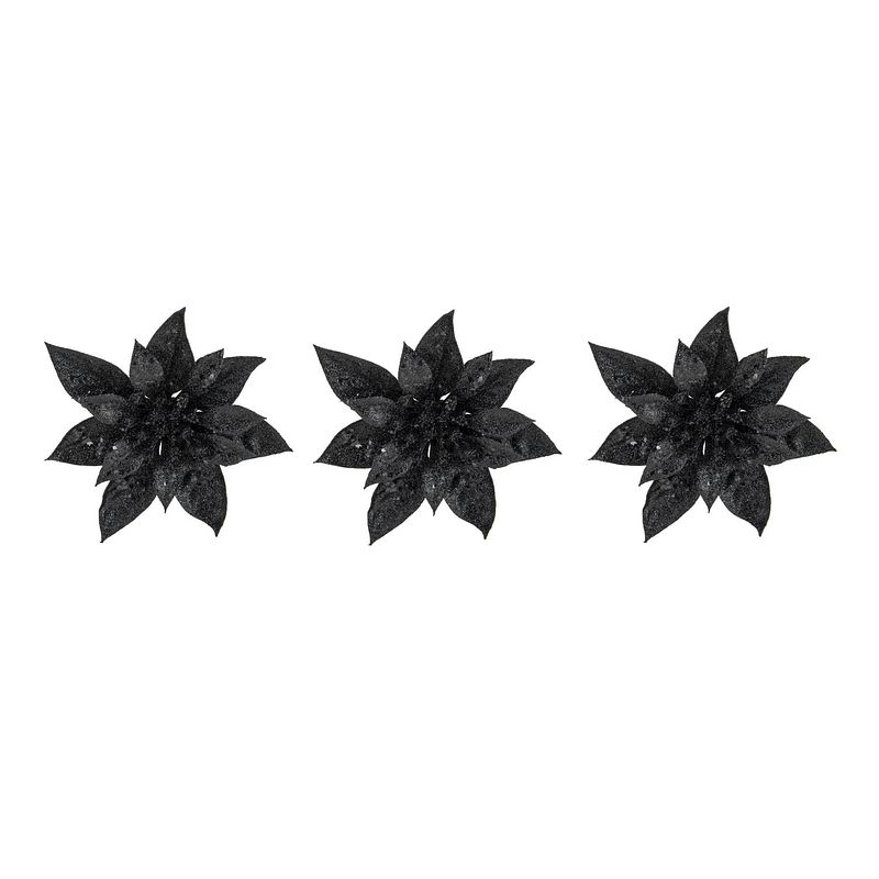 Foto van 3x stuks decoratie bloemen kerstster zwart glitter op clip 15 cm - kersthangers