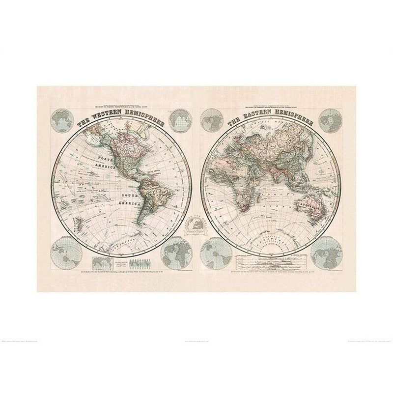 Foto van Pyramid stanfords eastern and western hemispheres map 1877 kunstdruk 60x80cm