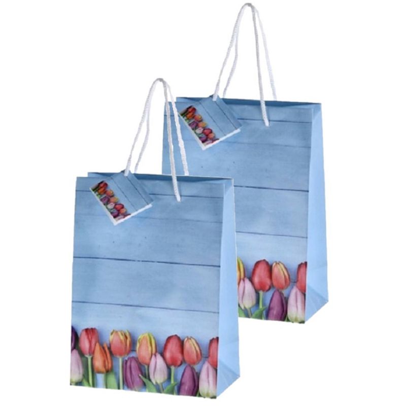 Foto van Set van 4x stuks papieren pasen giftbags/cadeau tasjes tulpen 18 x 23 x 8 cm - cadeautasjes