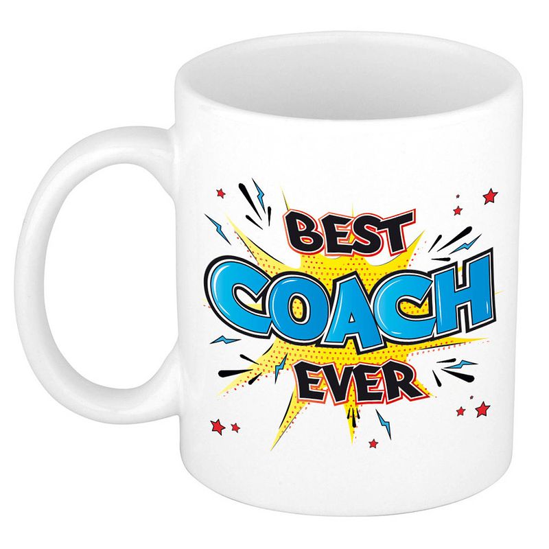 Foto van Bellatio decorations cadeau koffiemok voor coach - best coach ever - blauw - 300 ml - keramiek - mok met tekst - feest m