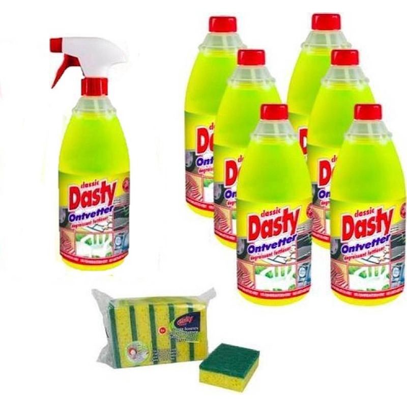 Foto van Dasty ontvetter voordeelpack: 1x spuitfles + 6x navulling + gratis set van 5x sponzen en 1x schoonmaakhandschoenen