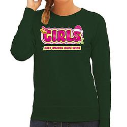 Foto van Bellatio decorations foute kersttrui/sweater voor dames - girls just wanna have wine - groen/roze xs - kerst truien