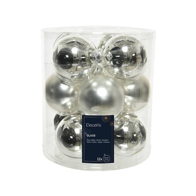 Foto van Decoris - kerstballen glas d8 cm zilver 12st kerst