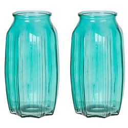 Foto van Bloemenvaas - 2x - turquoise blauw - transparant glas - d12 x h22 cm - vazen