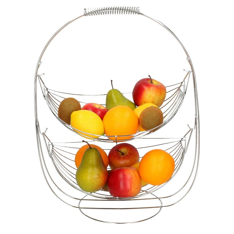 Foto van Dubbele etagere fruitschaal/fruitmand zilver metaal 34 x 25 x 46 cm - fruitschalen