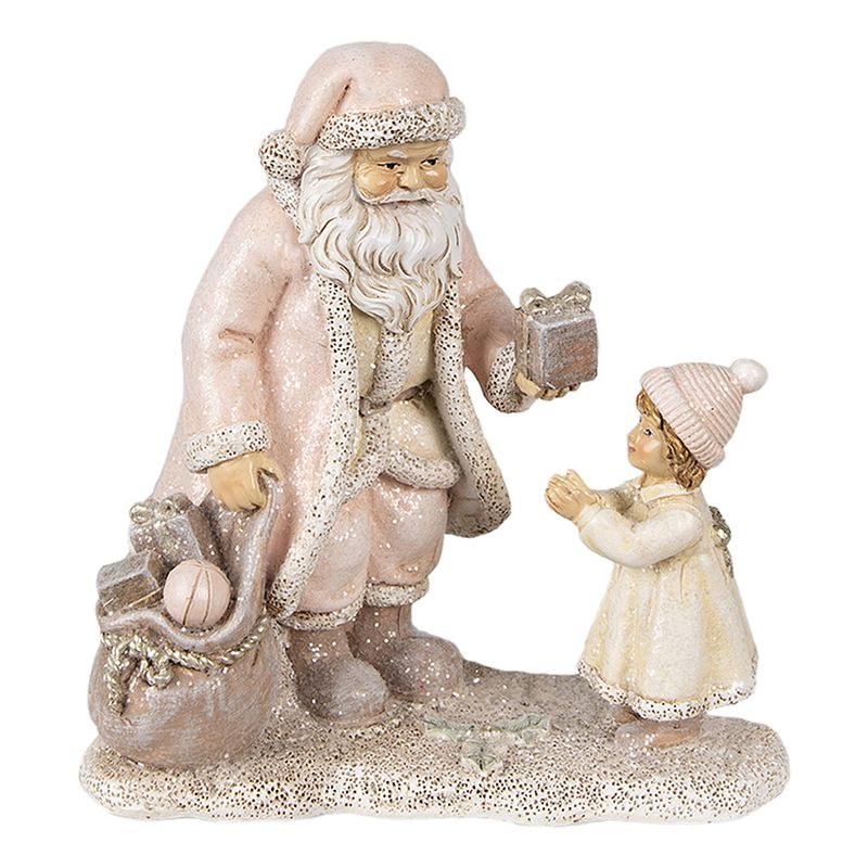 Foto van Clayre & eef beeld kerstman 14x9x14 cm roze polyresin kerstdecoratie roze kerstdecoratie