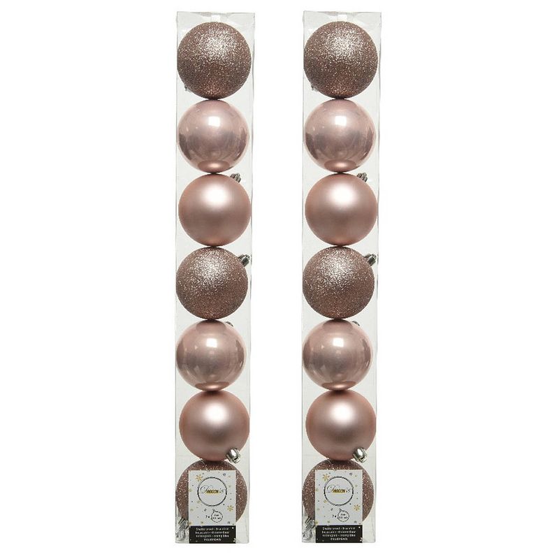 Foto van 14x stuks kunststof kerstballen lichtroze (blush) 8 cm glans/mat/glitter - kerstbal