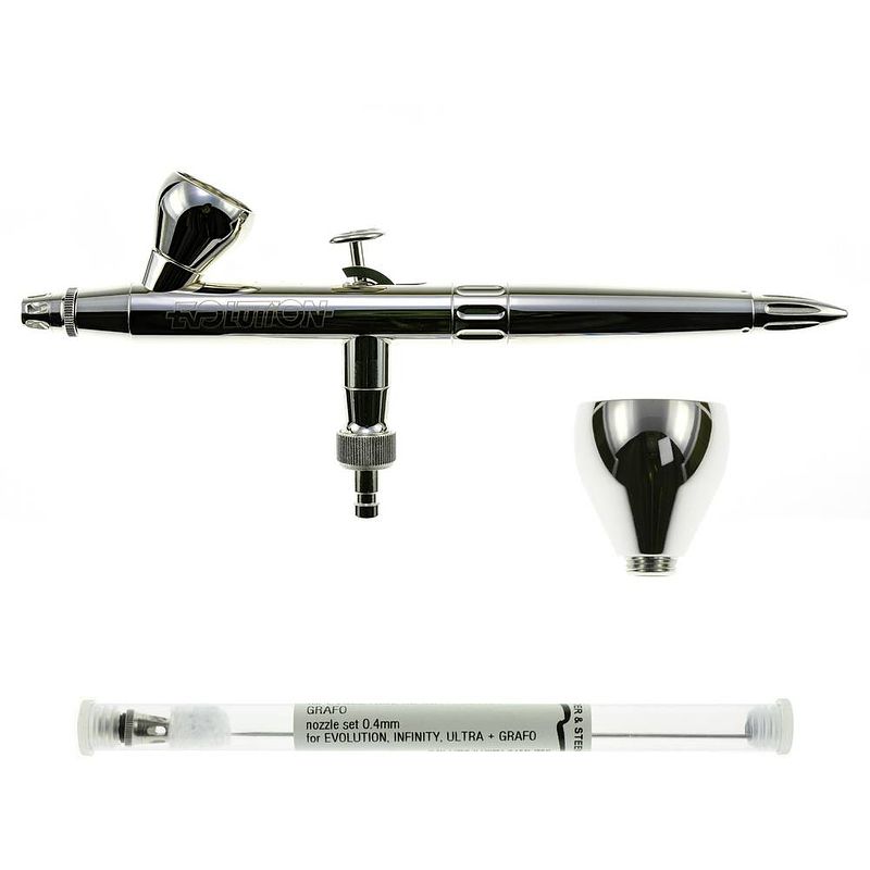 Foto van Harder & steenbeck evolution silverline two in one double action airbrush pistool mondstuk-ø 0,2 + 0,4 mm