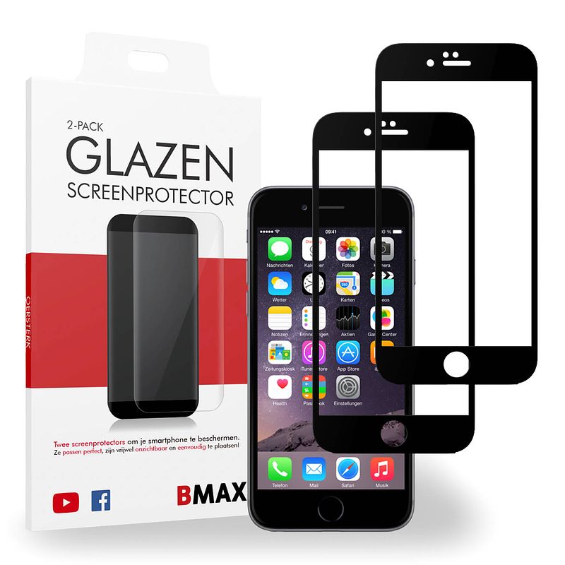 Foto van 2-pack bmax apple iphone 6/6s plus screenprotector - glass - full cover 5d - black