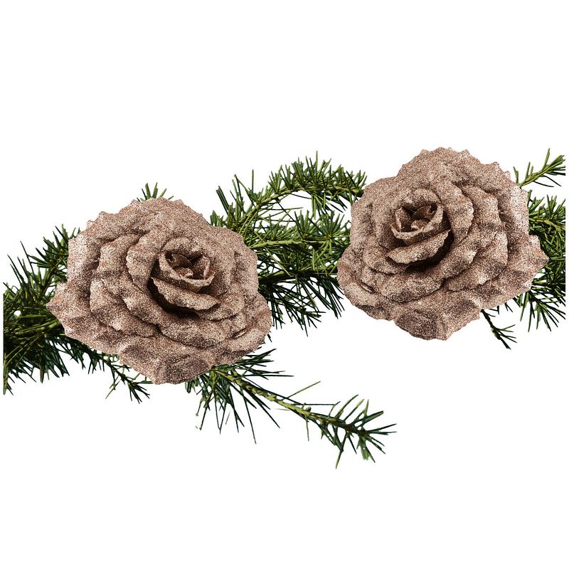 Foto van 2x stuks kerstboom decoratie bloemen op clip champagne glitter 18 cm - kunstbloemen