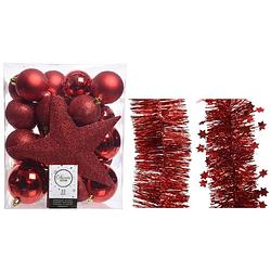 Foto van Kerstversiering kerstballen 5-6-8 cm met ster piek en folieslingers pakket rood van 35x stuks - kerstbal