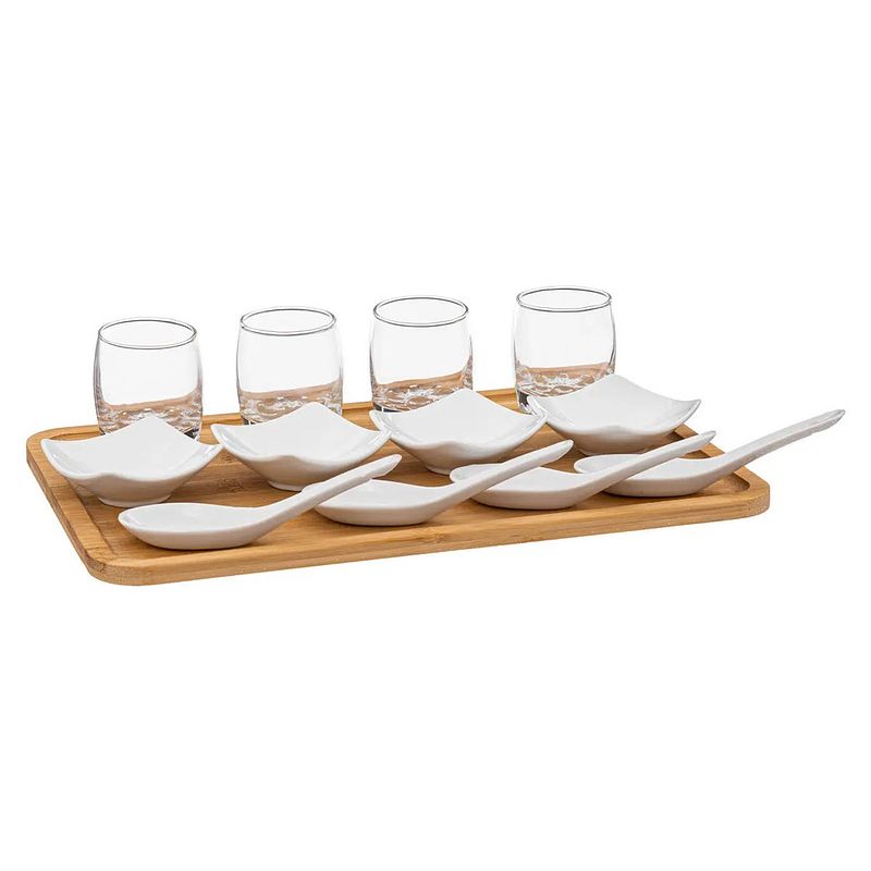 Foto van Amuse/aperitief set - hapjes/saus/tapas - porselein - wit - 4 personen - serveerplanken