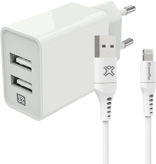 Foto van Xtrememac oplader met 2 usb a poorten 12w + lightning kabel 2m kunststof wit