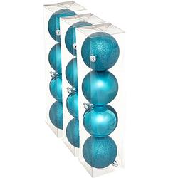 Foto van 12x stuks kerstballen turquoise blauw mix kunststof 8 cm - kerstbal