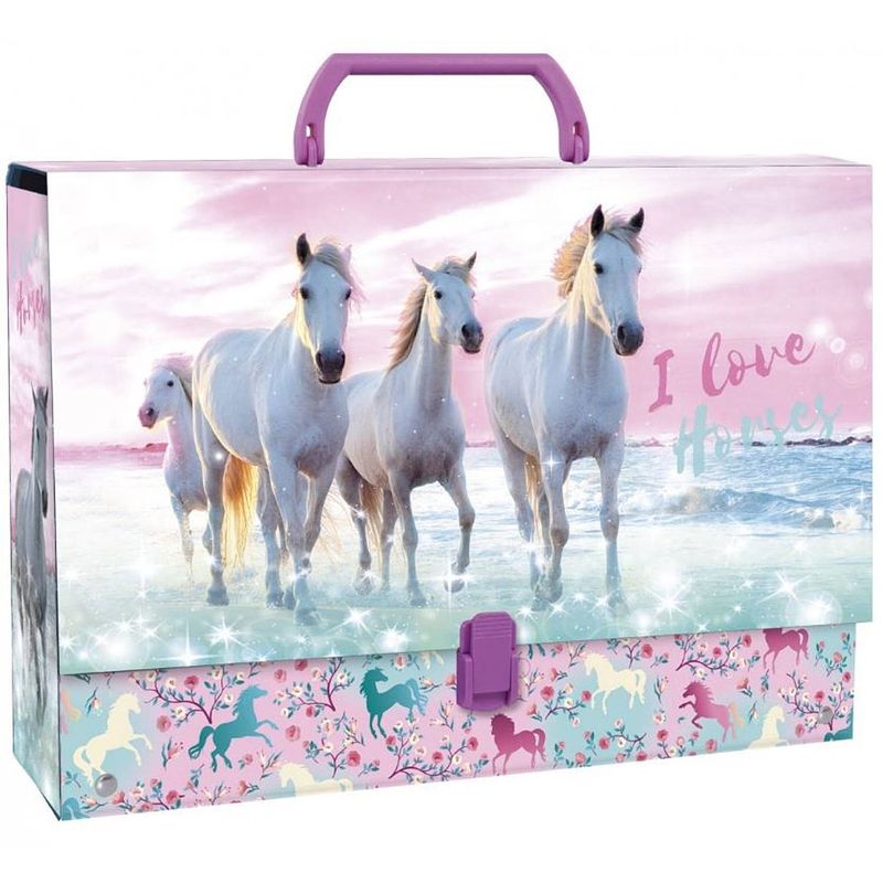 Foto van I love horses opbergkoffer meisjes 33 x 24 cm karton roze/blauw