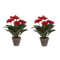 Foto van 2x stuks gerbera kunstplanten rood in keramiek pot h35 cm - kunstplanten