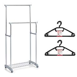 Foto van Kledingrek met kleding hangers - dubbele stang - kunststof - grijs - 83 x 43 x 107 - kledingrekken