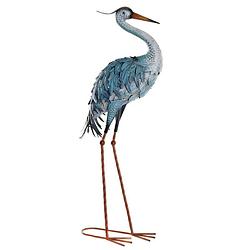 Foto van Tuin decoratie dieren/vogel beeld - metaal - reiger staand - 33 x 85 cm - buiten - blauw - tuinbeelden
