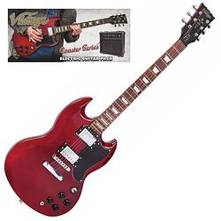 Foto van Vintage vip-v69cr coaster series cherry red guitar pack elektrische gitaar set met versterker