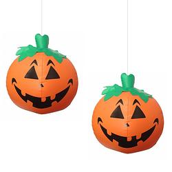 Foto van Halloween led pompoen - 2x - oranje - opblaasbaar - ophangbaar - 24 cm - opblaasfiguren