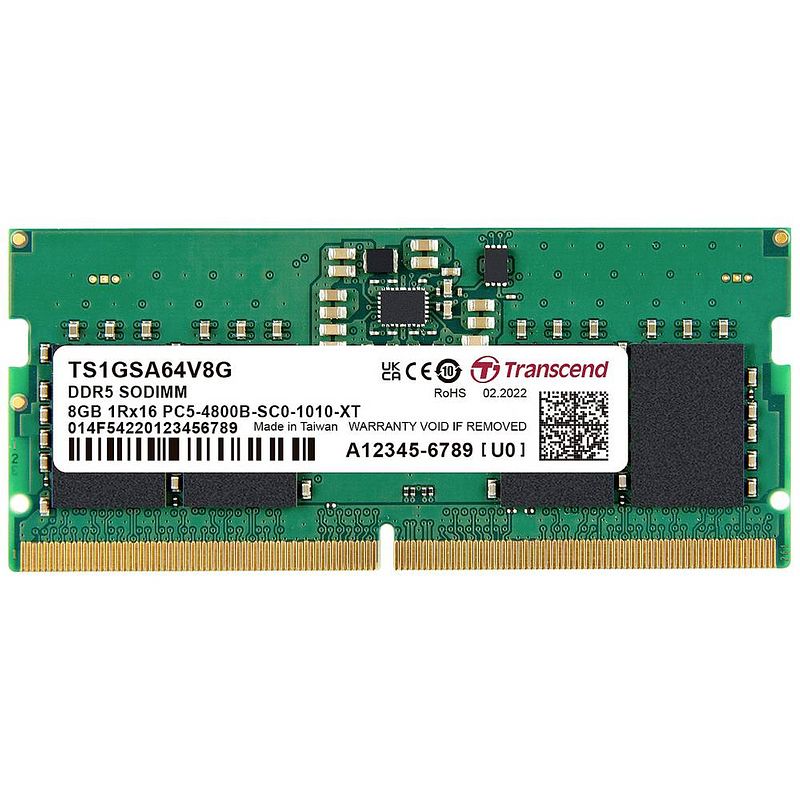 Foto van Transcend ts1gsa64v8g werkgeheugenmodule voor laptop ddr5 8 gb 1 x 8 gb 4800 mhz 262-pins so-dimm cl40 ts1gsa64v8g