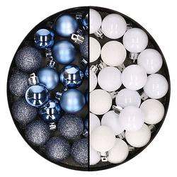 Foto van Kleine kunststof kerstversiering 40x stuks set en 3 cm kerstballen in het wit en donkerblauw - kerstbal