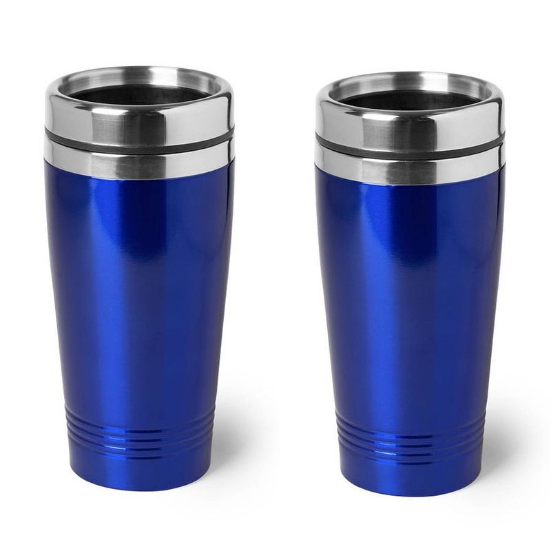 Foto van 2x stuks isoleerbeker rvs metallic blauw 450 ml - thermosbeker