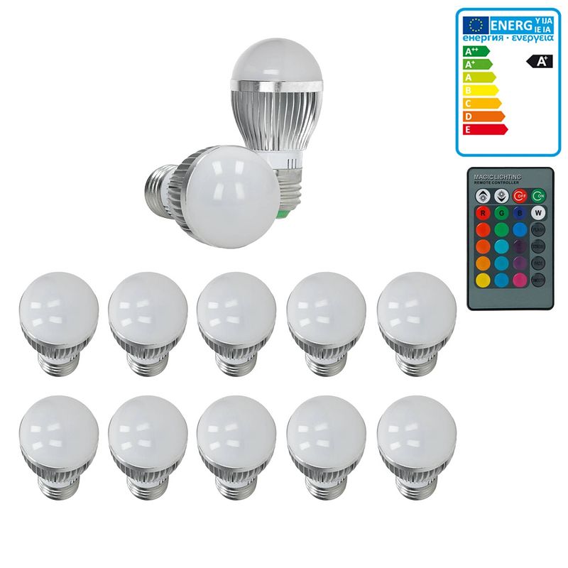 Foto van 10 x led-lamp rgb e27 3w + afstandsbediening