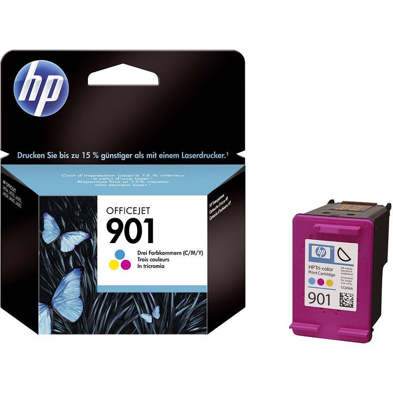 Foto van Hp inkt 901 origineel cyaan, magenta, geel cc656ae cartridge