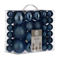 Foto van 46x stuks kunststof kerstballen donkerblauw 4, 6 en 8 cm - kerstbal