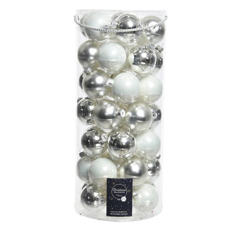 Foto van Glas kerstballen mix (6cm) box 49 stuks zilver mix