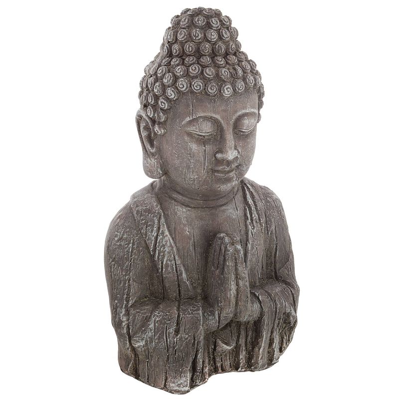 Foto van Atmosphera boeddha hoofd beeld biddend - binnen/buiten - kunststeen - oud hout look - 50 cm - beeldjes