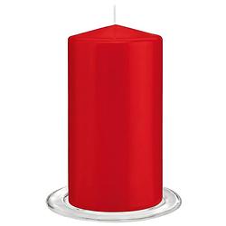Foto van Trend candles - stompkaarsen met glazen onderzetters set van 2x stuks - helder rood 8 x 15 cm - stompkaarsen