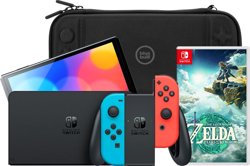 Foto van Nintendo switch oled rood/blauw + zelda: tears of the kingdom + bluebuilt beschermhoes