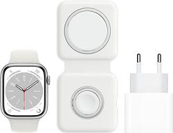 Foto van Apple watch series 8 4g 45mm zilver aluminium witte sportband + magsafe oplaadpakket