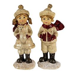 Foto van Clayre & eef kerstdecoratie beeld set van 2 kinderen 4*4*11 cm beige rood kunststof decoratief figuur decoratieve